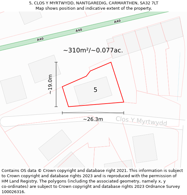 5, CLOS Y MYRTWYDD, NANTGAREDIG, CARMARTHEN, SA32 7LT: Plot and title map