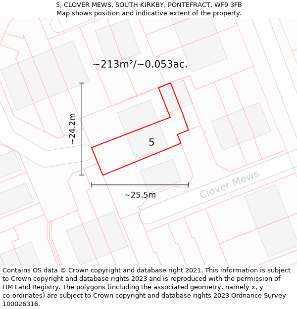 5, CLOVER MEWS, SOUTH KIRKBY, PONTEFRACT, WF9 3FB: Plot and title map