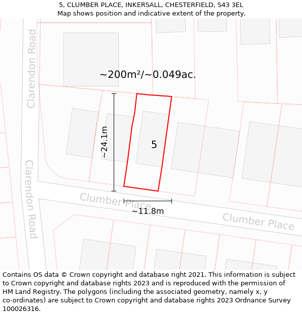 5, CLUMBER PLACE, INKERSALL, CHESTERFIELD, S43 3EL: Plot and title map