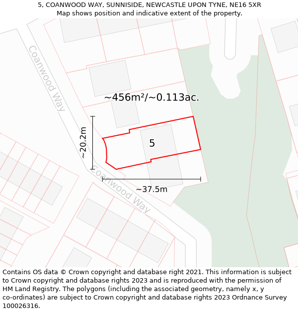 5, COANWOOD WAY, SUNNISIDE, NEWCASTLE UPON TYNE, NE16 5XR: Plot and title map