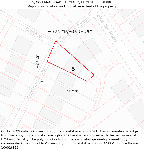 5, COLEMAN ROAD, FLECKNEY, LEICESTER, LE8 8BH: Plot and title map