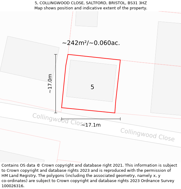 5, COLLINGWOOD CLOSE, SALTFORD, BRISTOL, BS31 3HZ: Plot and title map