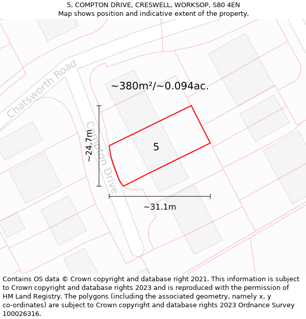 5, COMPTON DRIVE, CRESWELL, WORKSOP, S80 4EN: Plot and title map