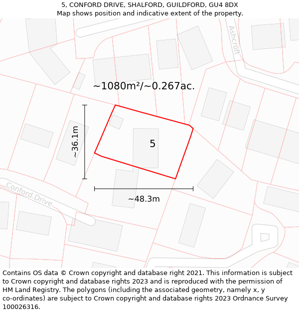 5, CONFORD DRIVE, SHALFORD, GUILDFORD, GU4 8DX: Plot and title map