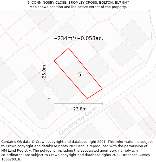 5, CONNINGSBY CLOSE, BROMLEY CROSS, BOLTON, BL7 9NY: Plot and title map