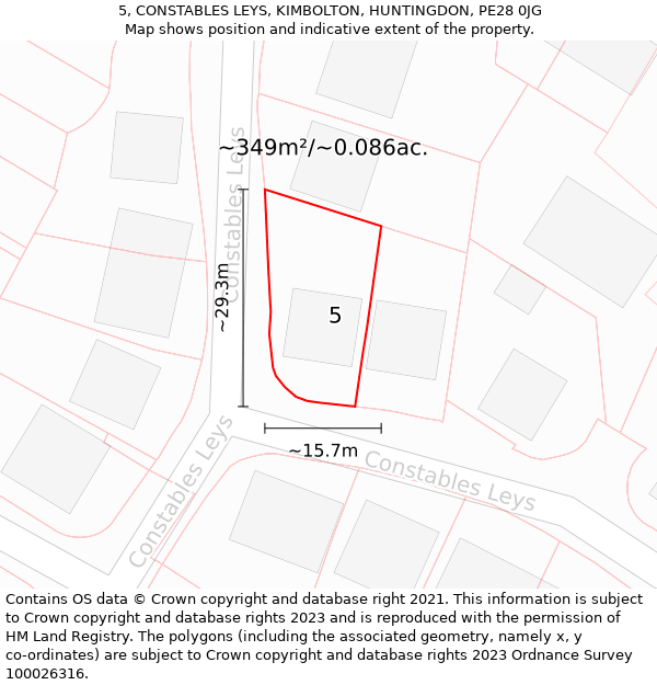 5, CONSTABLES LEYS, KIMBOLTON, HUNTINGDON, PE28 0JG: Plot and title map