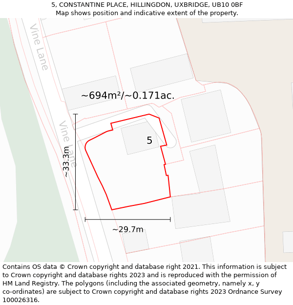 5, CONSTANTINE PLACE, HILLINGDON, UXBRIDGE, UB10 0BF: Plot and title map