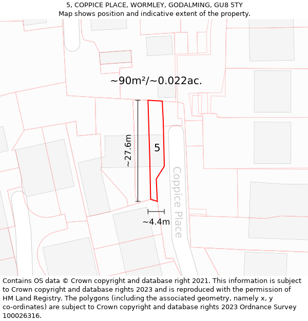 5, COPPICE PLACE, WORMLEY, GODALMING, GU8 5TY: Plot and title map