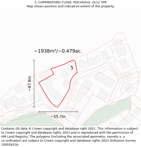 5, COPPINGFORD CLOSE, ROCHDALE, OL12 7PR: Plot and title map