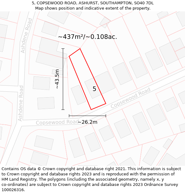 5, COPSEWOOD ROAD, ASHURST, SOUTHAMPTON, SO40 7DL: Plot and title map