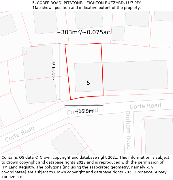 5, CORFE ROAD, PITSTONE, LEIGHTON BUZZARD, LU7 9FY: Plot and title map