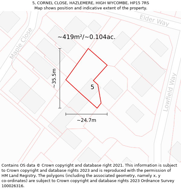 5, CORNEL CLOSE, HAZLEMERE, HIGH WYCOMBE, HP15 7RS: Plot and title map