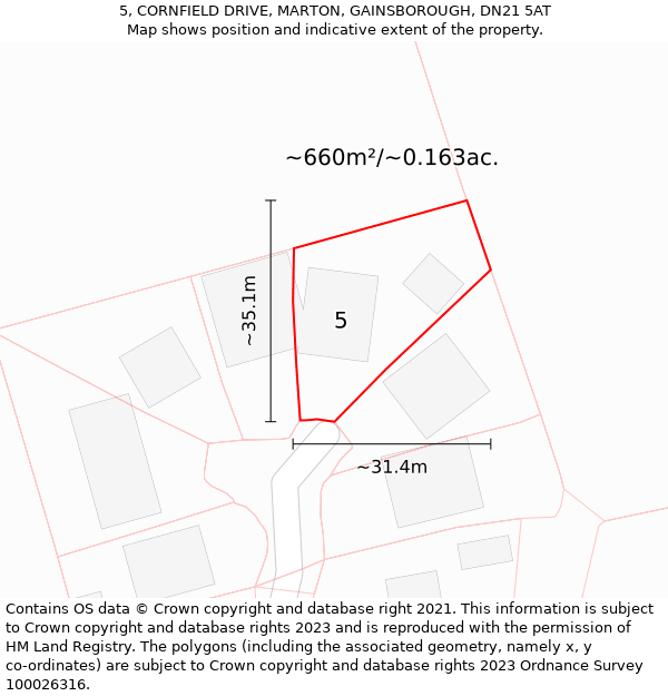 5, CORNFIELD DRIVE, MARTON, GAINSBOROUGH, DN21 5AT: Plot and title map