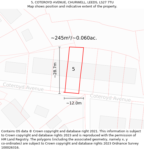 5, COTEROYD AVENUE, CHURWELL, LEEDS, LS27 7TU: Plot and title map