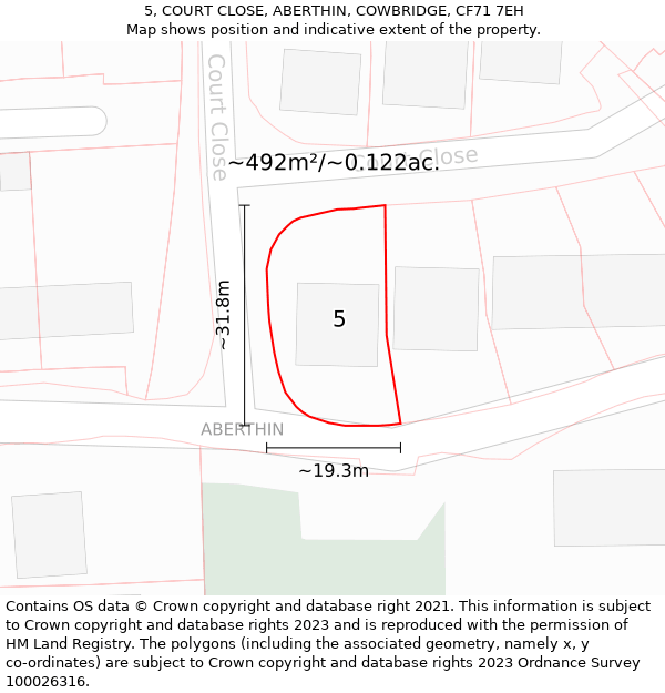 5, COURT CLOSE, ABERTHIN, COWBRIDGE, CF71 7EH: Plot and title map