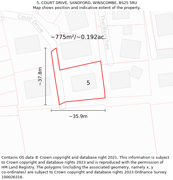 5, COURT DRIVE, SANDFORD, WINSCOMBE, BS25 5RU: Plot and title map