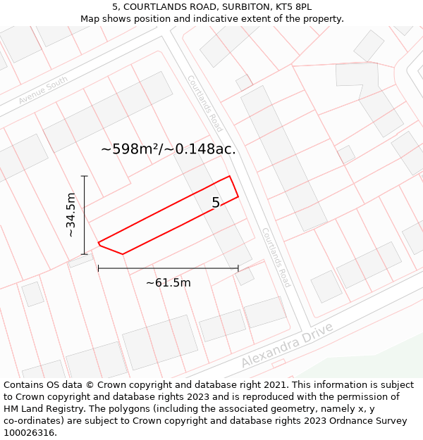 5, COURTLANDS ROAD, SURBITON, KT5 8PL: Plot and title map