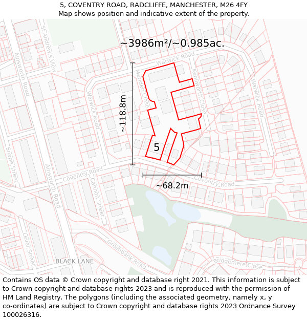 5, COVENTRY ROAD, RADCLIFFE, MANCHESTER, M26 4FY: Plot and title map