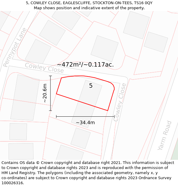 5, COWLEY CLOSE, EAGLESCLIFFE, STOCKTON-ON-TEES, TS16 0QY: Plot and title map