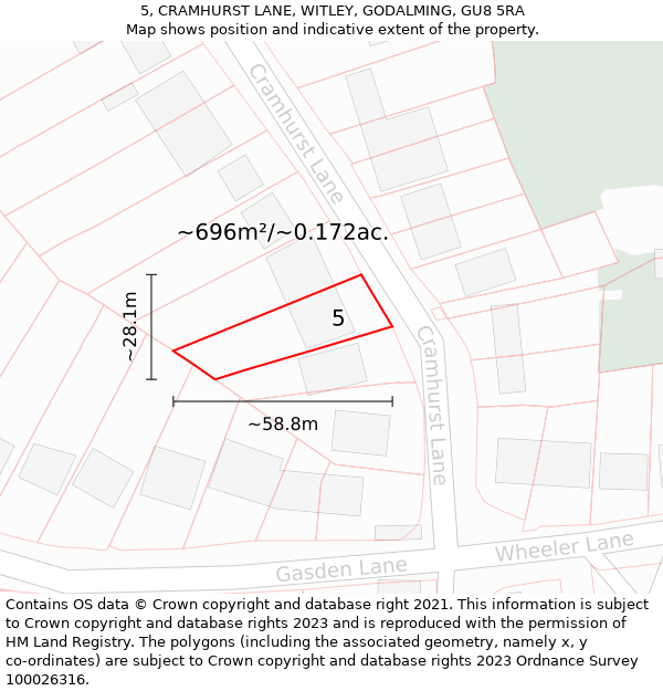 5, CRAMHURST LANE, WITLEY, GODALMING, GU8 5RA: Plot and title map