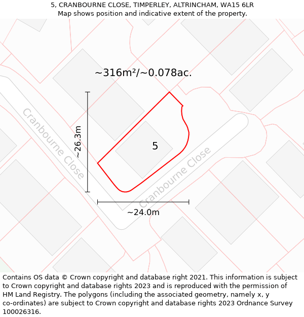 5, CRANBOURNE CLOSE, TIMPERLEY, ALTRINCHAM, WA15 6LR: Plot and title map