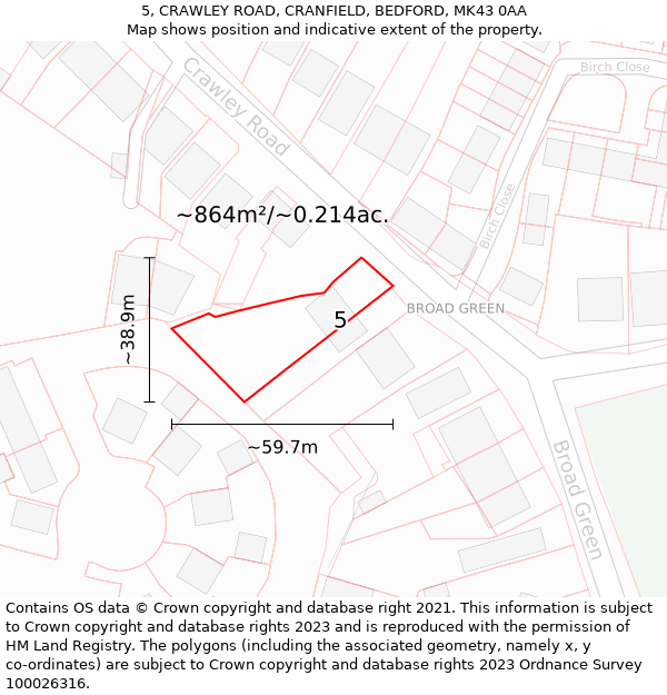 5, CRAWLEY ROAD, CRANFIELD, BEDFORD, MK43 0AA: Plot and title map