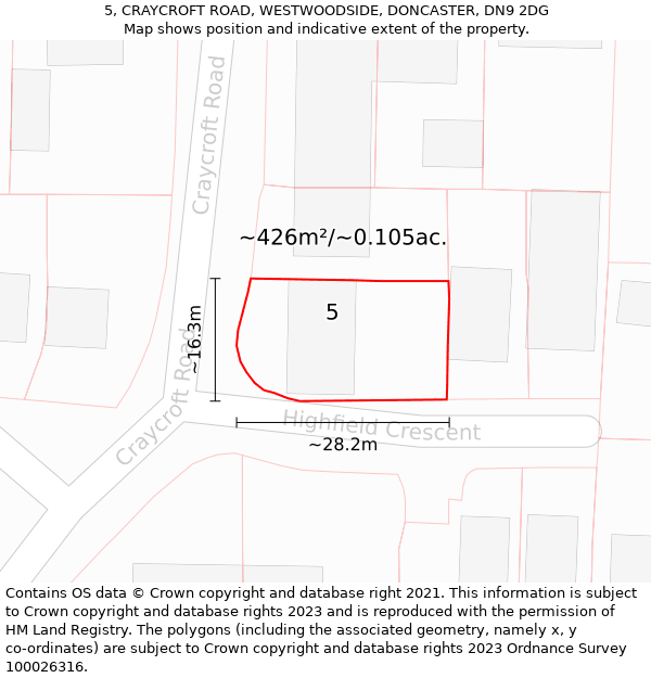 5, CRAYCROFT ROAD, WESTWOODSIDE, DONCASTER, DN9 2DG: Plot and title map