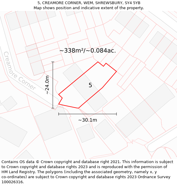 5, CREAMORE CORNER, WEM, SHREWSBURY, SY4 5YB: Plot and title map