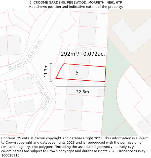 5, CROOME GARDENS, PEGSWOOD, MORPETH, NE61 6TP: Plot and title map