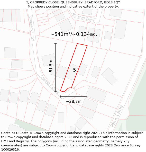 5, CROPREDY CLOSE, QUEENSBURY, BRADFORD, BD13 1QY: Plot and title map