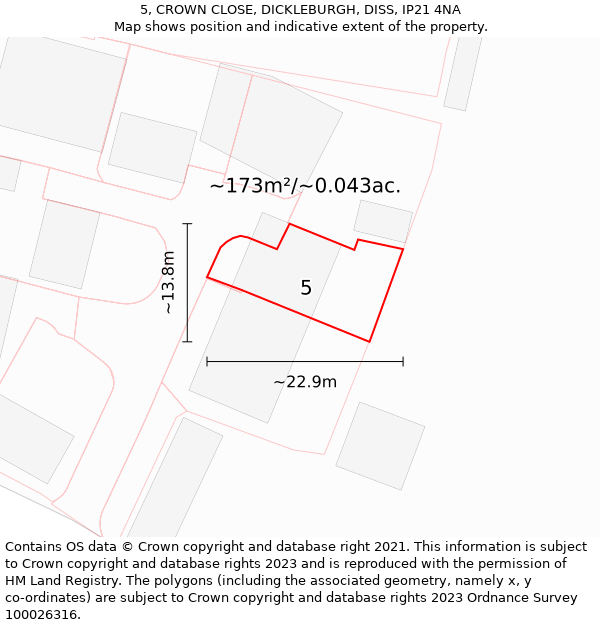 5, CROWN CLOSE, DICKLEBURGH, DISS, IP21 4NA: Plot and title map