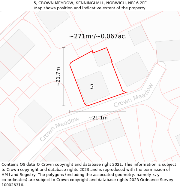 5, CROWN MEADOW, KENNINGHALL, NORWICH, NR16 2FE: Plot and title map