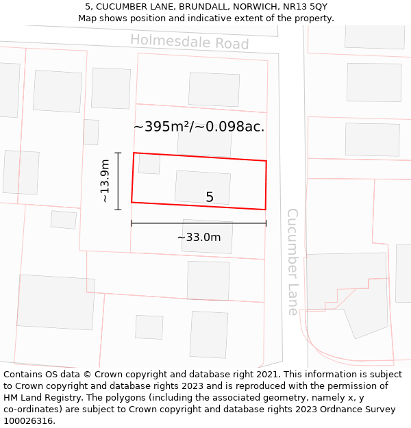 5, CUCUMBER LANE, BRUNDALL, NORWICH, NR13 5QY: Plot and title map