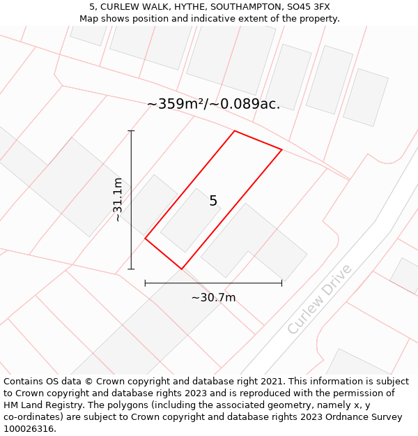 5, CURLEW WALK, HYTHE, SOUTHAMPTON, SO45 3FX: Plot and title map