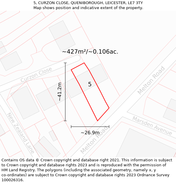 5, CURZON CLOSE, QUENIBOROUGH, LEICESTER, LE7 3TY: Plot and title map