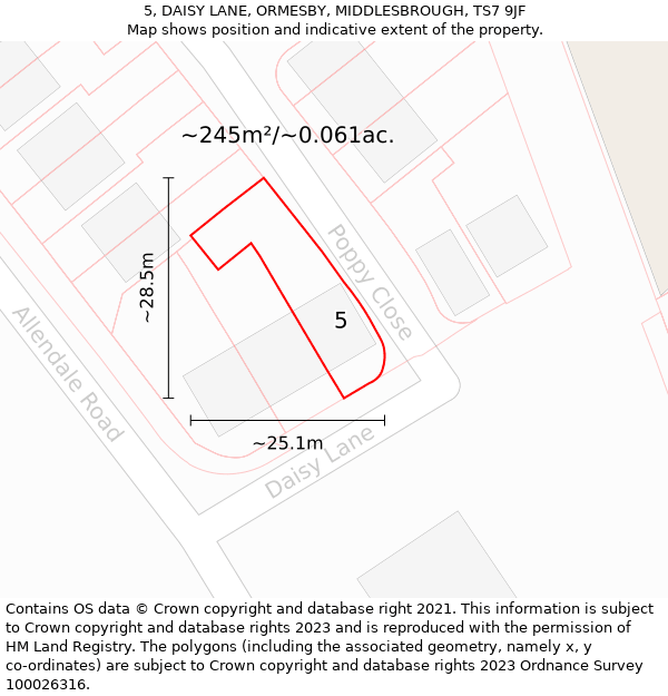 5, DAISY LANE, ORMESBY, MIDDLESBROUGH, TS7 9JF: Plot and title map