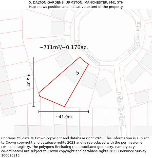 5, DALTON GARDENS, URMSTON, MANCHESTER, M41 5TH: Plot and title map