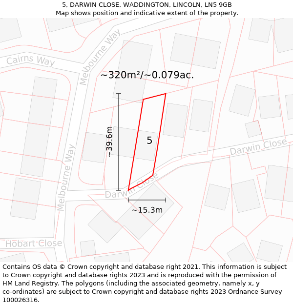 5, DARWIN CLOSE, WADDINGTON, LINCOLN, LN5 9GB: Plot and title map