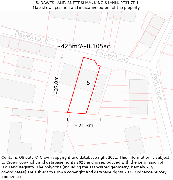 5, DAWES LANE, SNETTISHAM, KING'S LYNN, PE31 7PU: Plot and title map