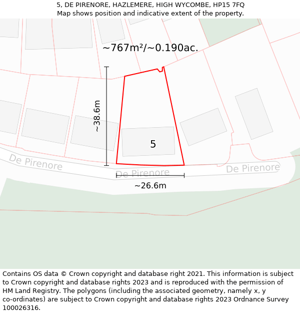 5, DE PIRENORE, HAZLEMERE, HIGH WYCOMBE, HP15 7FQ: Plot and title map