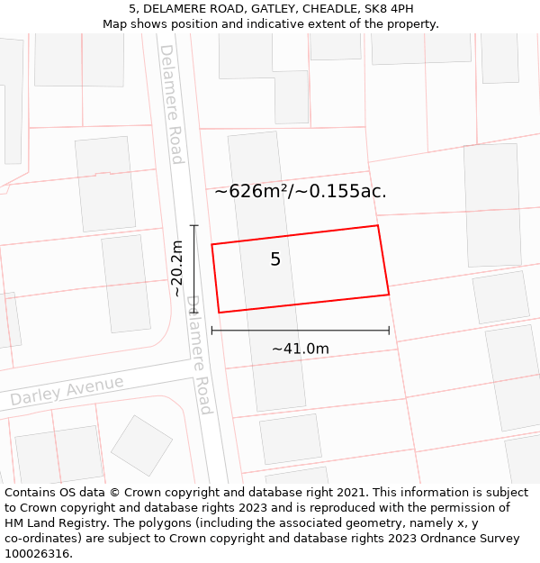 5, DELAMERE ROAD, GATLEY, CHEADLE, SK8 4PH: Plot and title map