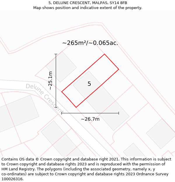 5, DELUNE CRESCENT, MALPAS, SY14 8FB: Plot and title map