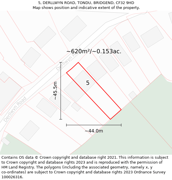 5, DERLLWYN ROAD, TONDU, BRIDGEND, CF32 9HD: Plot and title map