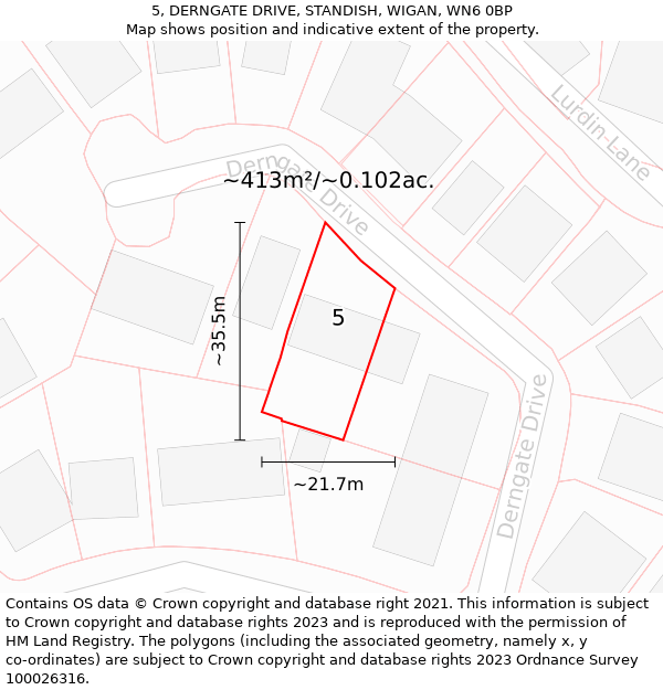 5, DERNGATE DRIVE, STANDISH, WIGAN, WN6 0BP: Plot and title map