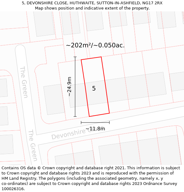 5, DEVONSHIRE CLOSE, HUTHWAITE, SUTTON-IN-ASHFIELD, NG17 2RX: Plot and title map