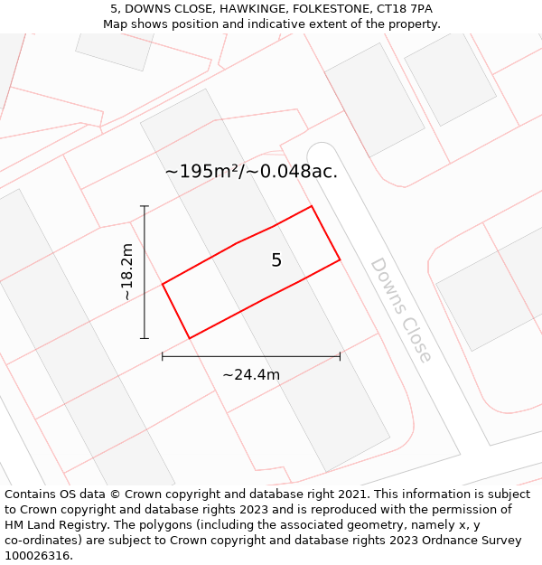 5, DOWNS CLOSE, HAWKINGE, FOLKESTONE, CT18 7PA: Plot and title map