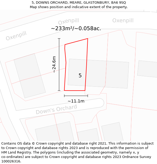 5, DOWNS ORCHARD, MEARE, GLASTONBURY, BA6 9SQ: Plot and title map