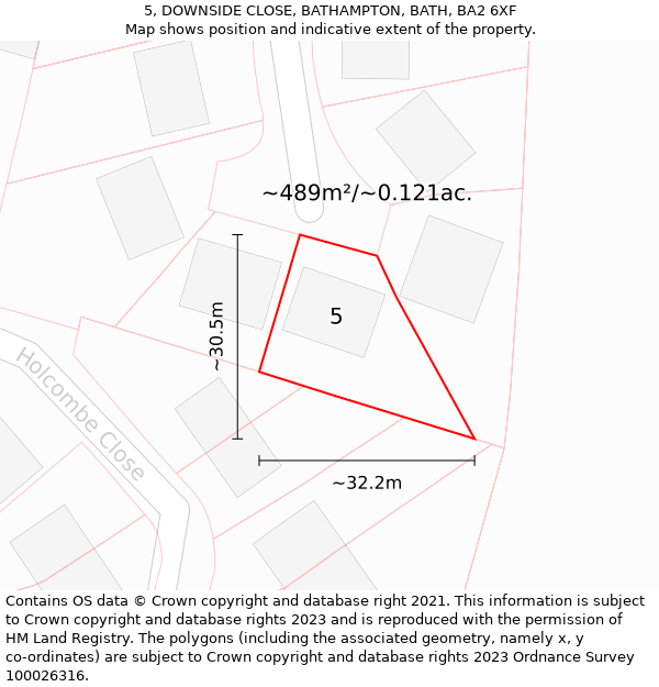 5, DOWNSIDE CLOSE, BATHAMPTON, BATH, BA2 6XF: Plot and title map