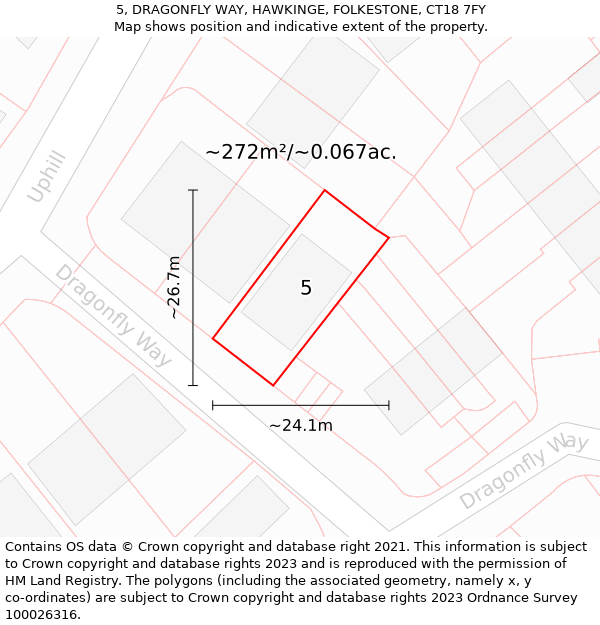 5, DRAGONFLY WAY, HAWKINGE, FOLKESTONE, CT18 7FY: Plot and title map