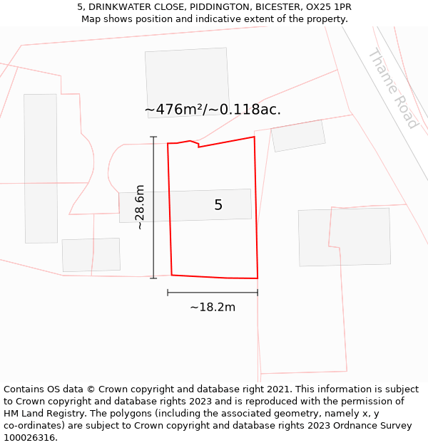 5, DRINKWATER CLOSE, PIDDINGTON, BICESTER, OX25 1PR: Plot and title map